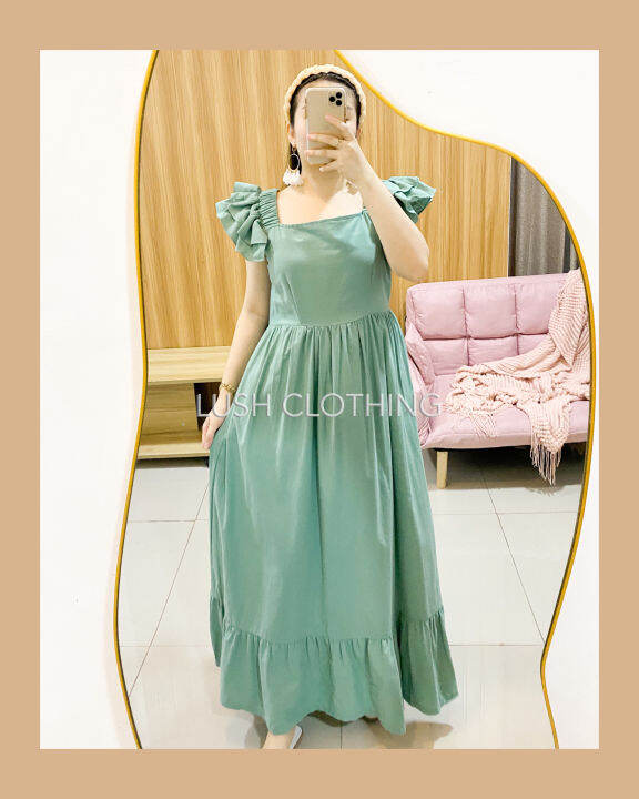 LAVIDA Cotton Linen Ruffled Puff Sleeves Party Dress with Pocket