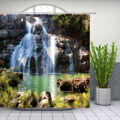 Natural Scenery Shower Curtains Waterfall Green Meadow Flower Spring Landscape Bathroom Decor Waterproof Polyester Curtain Cheap