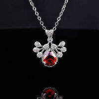 925 sterling silver crystal inlaid with diamonds peacock open screen water drop pear-shaped ruby necklace clavicle chain jewelry