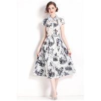 Lapel Short Sleeve Ink Print Mid-Length Large Swing Dress New