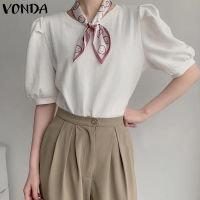 VONDA เสื้อยืดคอกลมแขนสั้นสำหรับผู้หญิง,เสื้อเบลาส์จับจีบเสื้อยืดสีพื้นลำลองสไตล์เกาหลี