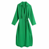 TRAF Za Women Fashion With Ties Green Wrap Midi Dress Vintage Long Sleeve Side Vents Female Dresses Vestidos Mujer