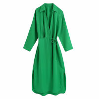 KPYTOMOA Women 2021 Fashion With Ties Green Wrap Midi Dress Vintage Long Sleeve Side Vents Female Dresses Vestidos Mujer