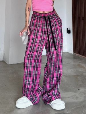 Y2K กางเกงขาบานสไตล์เกาหลีกางเกงตาหมากรุกฮิปปี้ Streetwear ขนาดใหญ่กว่าตัวสีชมพูสำหรับผู้หญิง
