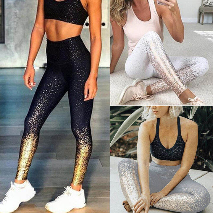 Women High Waist Leggings Glitter Tummy Control Running Stretch Workout  Yoga Pants | Lazada