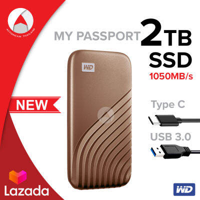 WD My Passport SSD 2&nbsp;TB ฮาร์ดดิสก์พกพา Type-C, USB 3.0 (WDBAGF0020BGD-WESN) Gold&nbsp;สีทอง New 2020 ความเร็วในการอ่านสูงสุดถึง 1,050 MB/s2 ประกัน Synnex 5 ปี ฮาร์ดดิสก์ Solid State Drives สาย USB Type-C ต่อกับ Type-C (รองรับ USB 3.2 Gen 2)