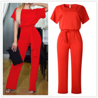 Elegant O Neck Casual Jumpsuits 2022 Summer Red 3XL Plus Size Loose Women Bandage Long Overalls High Waist Straight Office Wears