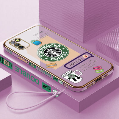 เคสเคสมือถือสำหรับ Infinix Smart 5 /X657 X657c พร้อมฟรีสายคล้อง + โลโก้ Starbucks เคสขอบสี่เหลี่ยมชุบเคลือบฝาหลังนิ่ม