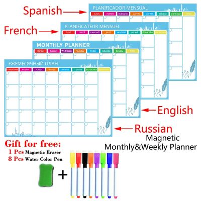 A3 Size Magnetic Monthly Weekly Planner Calendar Table Dry Erase Whiteboard Fridge Sticker Russian English Spanish French