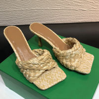 2021SUOJIALUN 2021 Summer Women Slipper Fashion Brand Weave Slides Ladies Elegant Thin High Heel Sandal Dress Pumps Shoes Big Size41