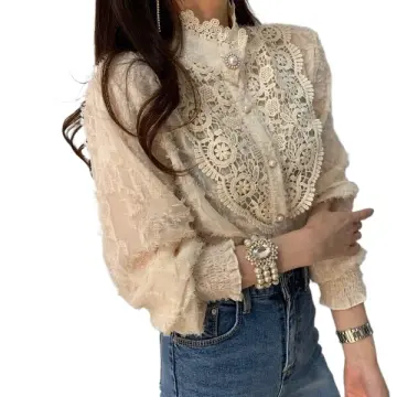 Fashion French Loose Button Lace Cutout Flower Stand Collar Shirt - China  T-Shirts and Shirts price