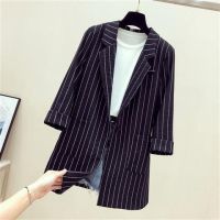 ☜Three-Quarter Sleeve Small Suit Thin Outerwear Temperament Fashionable White Collar Office Must-Have Spring Summer Loose British Striped Sun Protection Clothing Womens Mid-Length