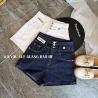 กางเกงขาสั้น Thin dark blue high-waisted denim shorts female fashion slit denim hot pants