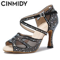 CINMIDY Rhinestones รองเท้าเต้นรำผู้หญิงรองเท้าเต้นรำละตินสีดำรองเท้าเต้นรำบอลรูมสำหรับหญิง Tango Salsa รองเท้าผู้หญิงรองเท้าแตะ