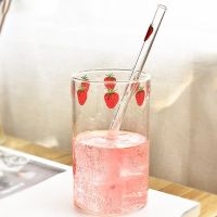 【CW】☇  Ins 250ml Strawberry Glass Cup With Smoothie Cold Drinks Transparent Juice Resistant