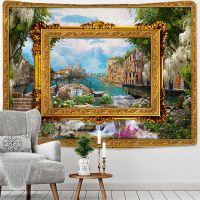 Fake Frame Tapestry Wall Hanging River Sky Clouds Bohemian Dorm Decor Yoga Mat Rug Architectural Attraction Venice