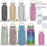 350Ml/500Ml/750Ml Bling Diamond Thermos Bottles Portable Glitter Rhinestone Water Bottle Crossbody Stainless Steel Thermal Flask