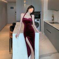 The new wind sexy backless high split neck dress a velvet long evening dresses