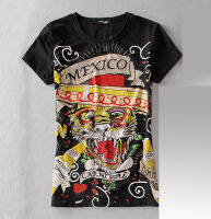 Ed Hardy เสื้อฤดูร้อนร้อน Rhinestone พิมพ์เม็กซิโก Tiger Head ผู้หญิงลำลองผ้าฝ้ายแขนสั้นเสื้อยืด