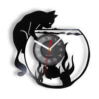 Cat Catching Fish Art Silent Wall Clock Kitty Fish Tank Home Decor For Living Room Vinyl Record Lovely Pet Predation Retro Watch