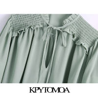 KPYTOMOA Women 2021 Fashion With Shoulder Smocked Ruffled Loose Blouses Vintage Tied V Neck Long Sleeve Female Shirts Chic Tops