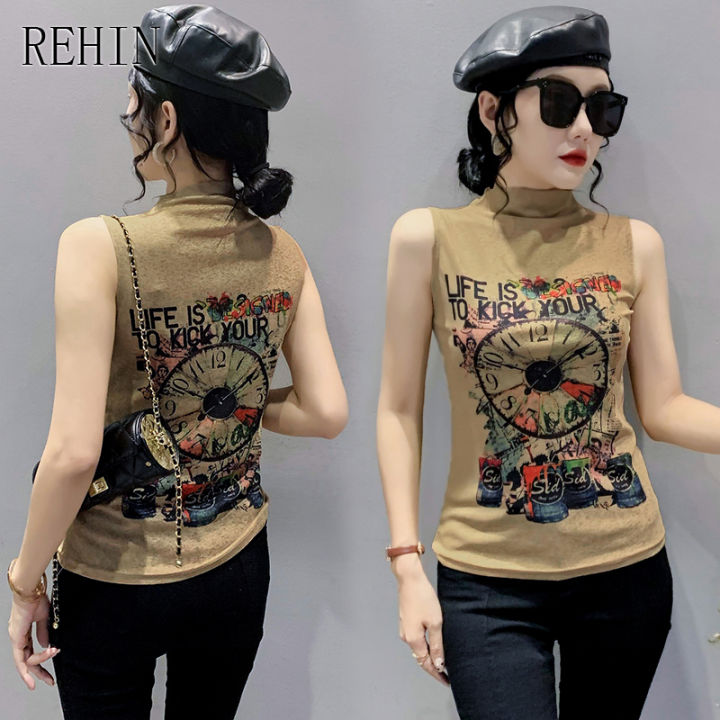 rehin-เสื้อพิมพ์ลายแฟชั่นสำหรับผู้หญิงเสื้อยืดแขนกุดครึ่งคอสูงเข้ารูปพอดีเสื้อกล้ามบาง