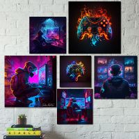 Mask Samurai Punk Neon Gamepad Gamer Controller Video Gaming Poster For Wall Art Esports Game Kawaii Room Decor Canvas Painting Wall Décor