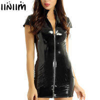 Womens Ladies Wetlook Clubwear Sexy Pole Leather Stand Collar Cap Sleeve Front Zippered Bodycon Mini Cocktail Club Parties Dress