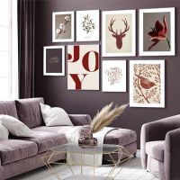 Joyful Christmas Bird Antlers ดอกไม้สไตล์ Wall Art โปสเตอร์ผ้าใบพิมพ์ภาพตกแต่ง Modern Interior Decor