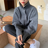 Deeptown Cashmere Sweater Women Cardigan Turtleneck Lantern Sleeve Knitted Cardigan Korean Casual 2021 Button Up Pull Femme