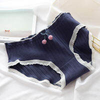 Soft girl navy blue hair ball bow cute print middle waist students briefs with cotton crotch