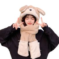 Cute Dog Shape 3 in 1 Hat Scarf Gloves Set Winter Women Novelty Caps Warm Casual Hats Cashmere Girl Kawaii Accessories