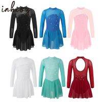 ▼✑◇ Child Girls Rhinestone Long Sleeves Tulle Splice Figure Ice Skating Dress Gymnastic Ballet Leotard Dress Ballroom Dance Clothing