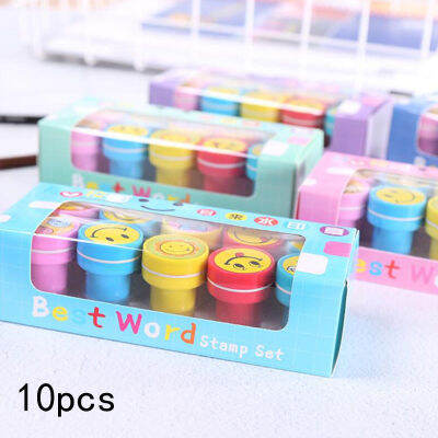 Mododo 10Pcs Multicolor แสตมป์ซีลการ์ตูนหน้ายิ้มรอบอุปกรณ์สำนักงานเครื่องช่วยในการสอนของเล่นเด็กอนุบาล