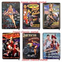 Hot Rod Pin Up Girl Tin Sign Young Sexy Woman Sit on Rods Metal Tin Signs for Men Women Wall Art Decor for Home Bars Clubs Cafes