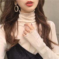 Autumn Korean Mesh T-Shirt Women Turtleneck Vintage Long Sleeve Office Lady Tshirts Slim Women Shirt Lace Blouse for Ladies