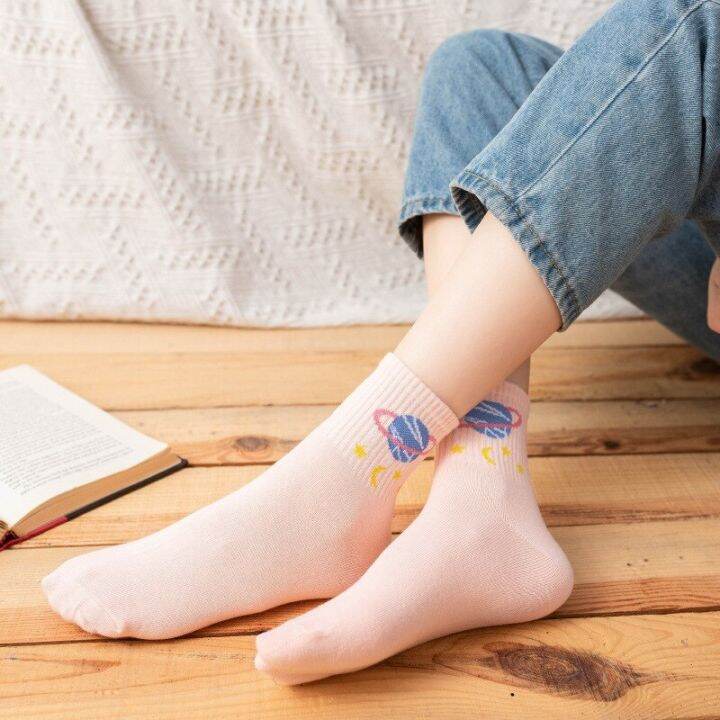 college-style-women-cotton-socks-fashion-cartoon-planet-fruit-middle-tube-girl-socks