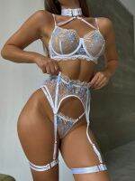 【CW】▬♠  Yimunancy Embroidery Floral Set Halter Erotic Transparent Bridal Garter Brief