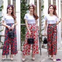 B8904 Set 2 ชิ้น เสื้อคอป + กางเกงขายาวลายกุหลาบ + สายผูกผมเข้าเซท Set of 2 pieces: collar shirt + rose pattern pants + hair sash set