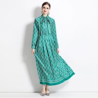 Women New Dress Real Shot  Flower Print  Maxi Dress Long Sleeve A- Line DRESS