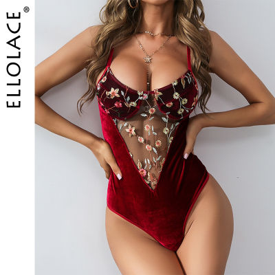 Ellolace Velvet Bodysuit loral Embroidery Overalls for Women Lace Patchwork Bodys y Lace Bodysuit Dropshipping