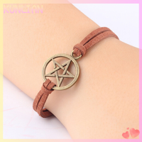 [KUNLIAN] แฟชั่นใหม่แรงบันดาลใจสร้อยข้อมือ Retro Bronze pentagram จี้สร้อยข้อมือเชือกสีน้ำตาล