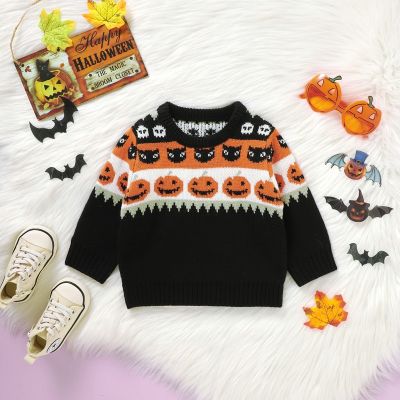 Citgeett Autumn Halloween Toddler Baby Boys Girls Sweater Pumpkin Print Sweatshirt Long Sleeve Tops Pullovers Fall Clothes