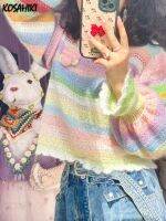 2023 Y2k Aesthetic Vintage O Neck Women Sweaters Grunge Loose Basic Sueter Mujer Japanese Knitted Rainbow Stripes Harajuku Tops