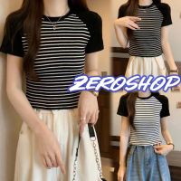 Zero shop?พร้อมส่ง? (Zero-20167)  เสื้อยืดไหมพรมคอกลมแขนสั้น ดีเทลลายทางรัดรูป -C