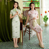 Oriental Lotus พิมพ์แขนสั้น Cheongsam ชุดฤดูร้อนผู้หญิงจีน Mandarin Collar ยาว Qipao