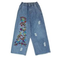 【มีไซส์ใหญ่】Plus Size M-2XL Womens Elastic Waist Vintage Embroidery Jeans Casual Straight All Matching Denim Pants