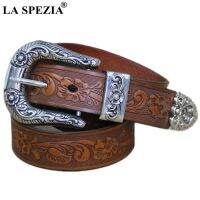 LA SPEZIA Real Leather Belt Men High Quality Camel Pin Belt Male Retro Designer Brand Cowhide Genuine Leather Carving Belt 130Cm