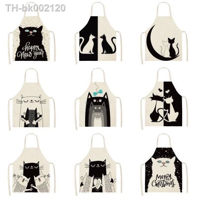 ↂ▦ Home Kitchen cooking apron cute cat printing household sleeveless cotton linen apron men and women ladies baking accessories