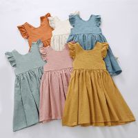 2023 Dresses For Kids Girls Summer Linen Suspender Skirt Flutter Sleeve Childrens Dress Girl Free Shipping Candy Color Clothes